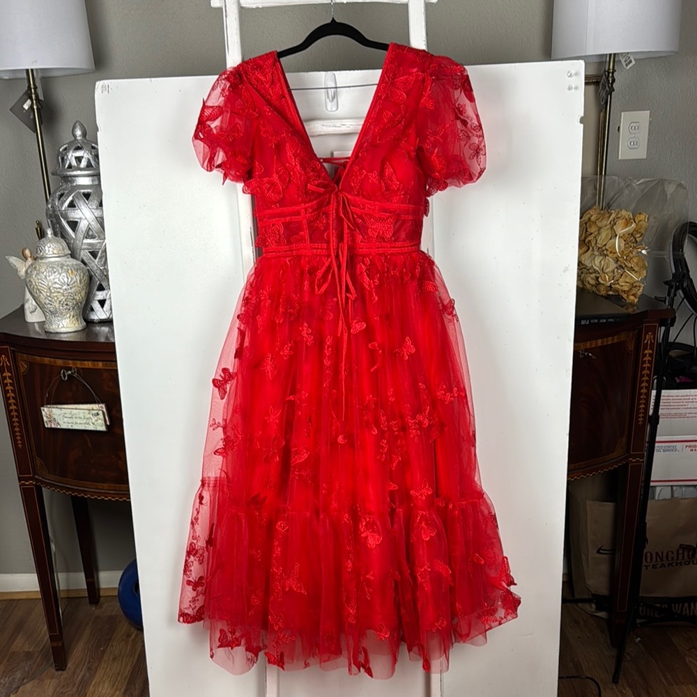 Red Midi Dress with Puff Sleeves and Floral Embroidery